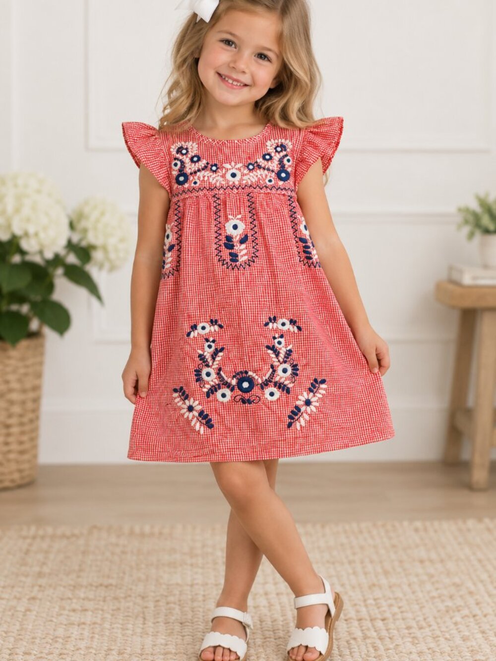 Cecil & Lou Girls Red Gingham Embroidered Floral Flutter Sleeve Dress Size 5